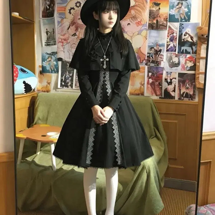 [BUNJANG] Gothic Lolita Lace Cape and Dress Set / 고딕 로리타 레이스 망토+원피스 세트