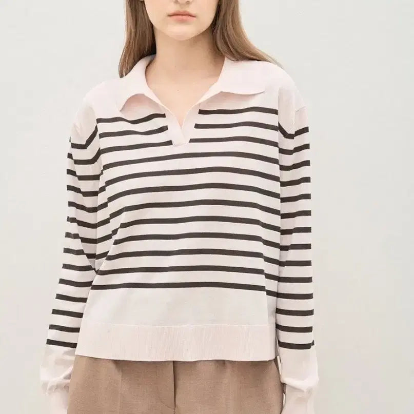 [BUNJANG] Hansum The Cashmere Stripe Johnny Collar Knit Top / 24 S/S 한섬 더캐시미어 정품 스트라이프 조니 칼라 니트 탑