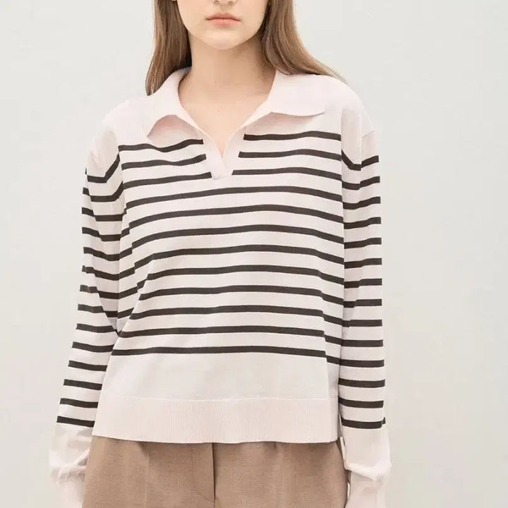 [BUNJANG] Hansum The Cashmere Stripe Johnny Collar Knit Top / 24 S/S 한섬 더캐시미어 정품 스트라이프 조니 칼라 니트 탑