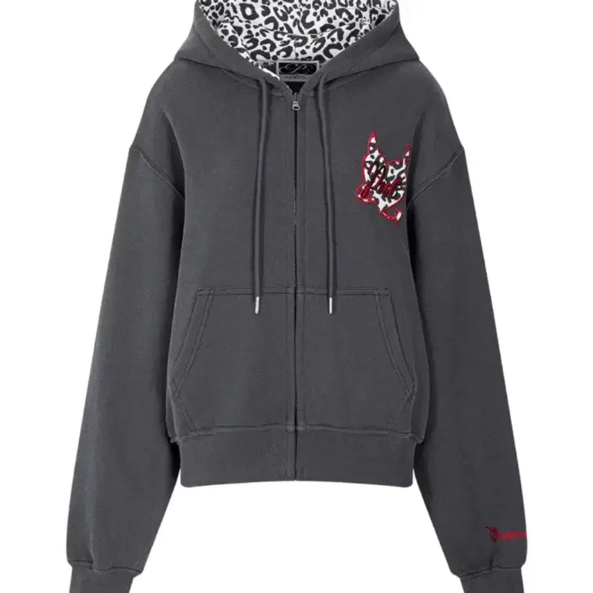 [BUNJANG] Please No Follow Leopard Heart Logo Hoodie Zip-up Charcoal / 플리즈노팔로우 레오파드 하트로고 후드집업 차콜 플노팔
