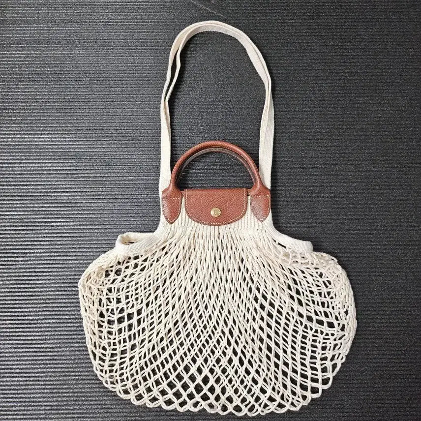 [BUNJANG] Longchamp Le Pliage Fil Knit Net Top Handle Bag Ivory / 롱샴 필레 르 플리아쥬 네트백 아이보리, 그물백