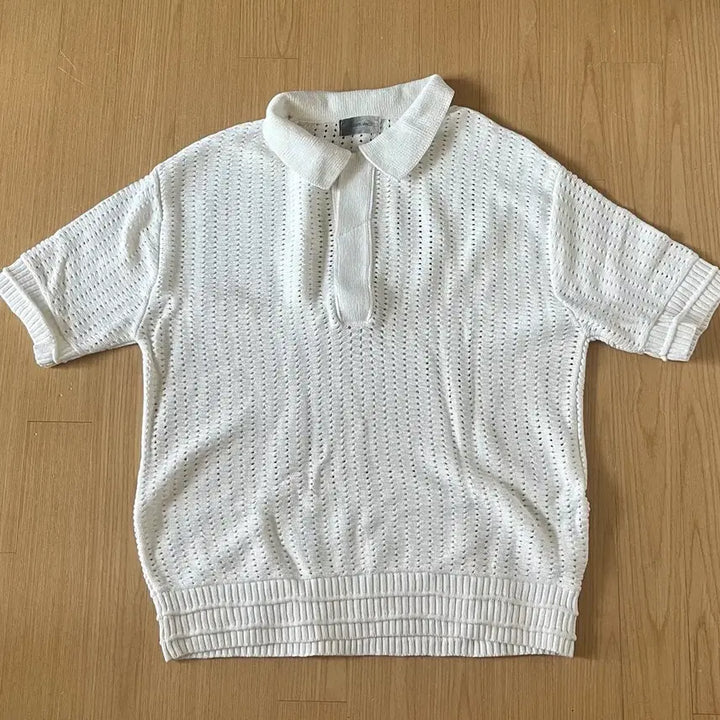 [BUNJANG] Maison Minet Punching Knit Short Sleeve T-Shirt White / 메종 미네드 펀칭 니트 반팔