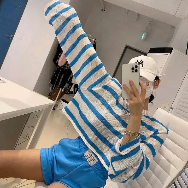 [BUNJANG] Stripe Crop Knit (Pink) / 스트라이프 단가라 크롭 핑크 얇은 여름니트 (핑크)