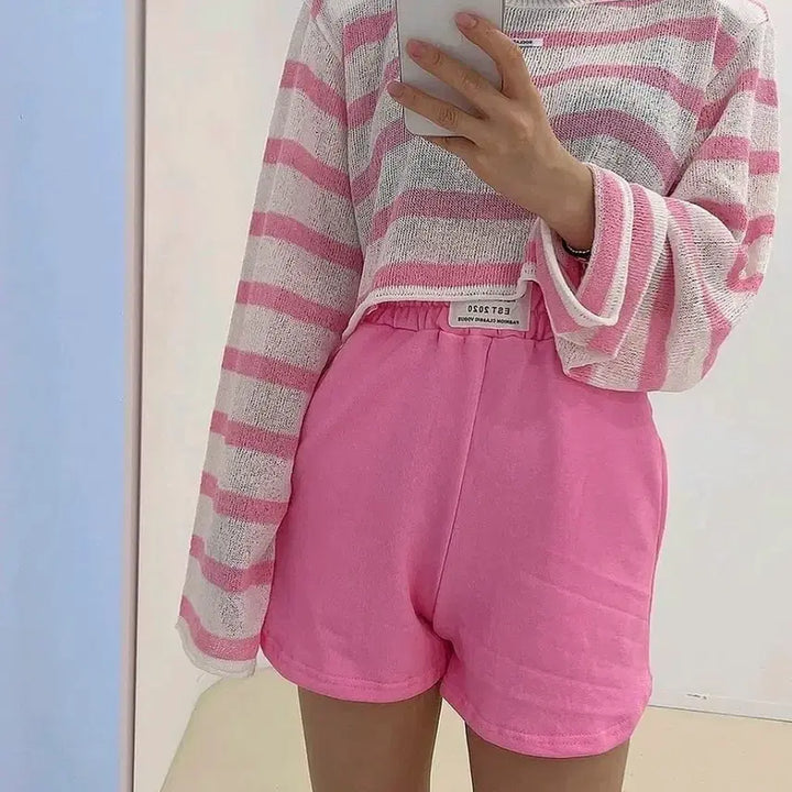 [BUNJANG] Stripe Crop Knit (Pink) / 스트라이프 단가라 크롭 핑크 얇은 여름니트 (핑크)