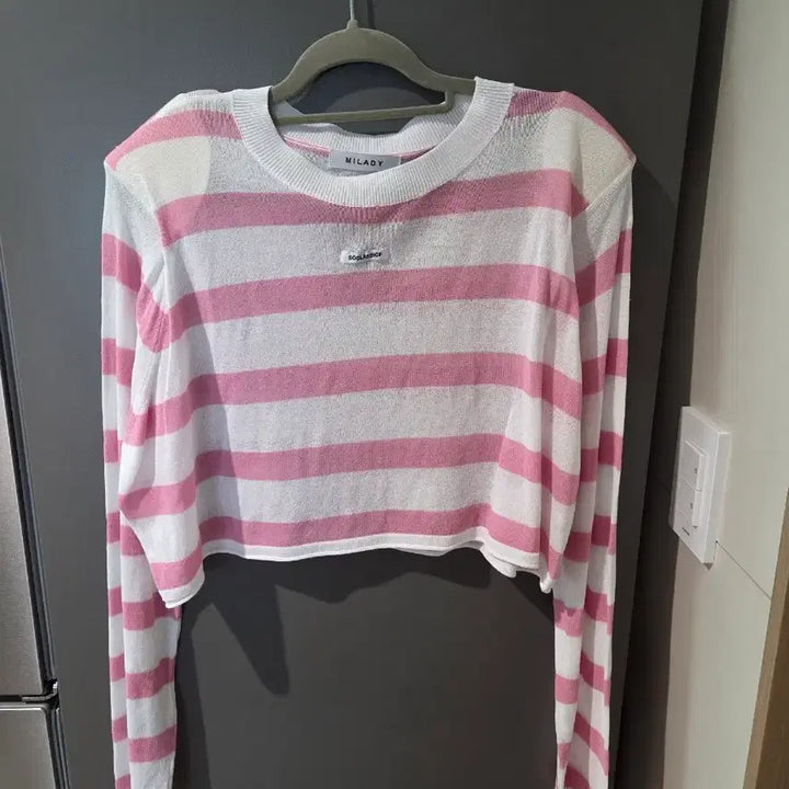 [BUNJANG] Stripe Crop Knit (Pink) / 스트라이프 단가라 크롭 핑크 얇은 여름니트 (핑크)