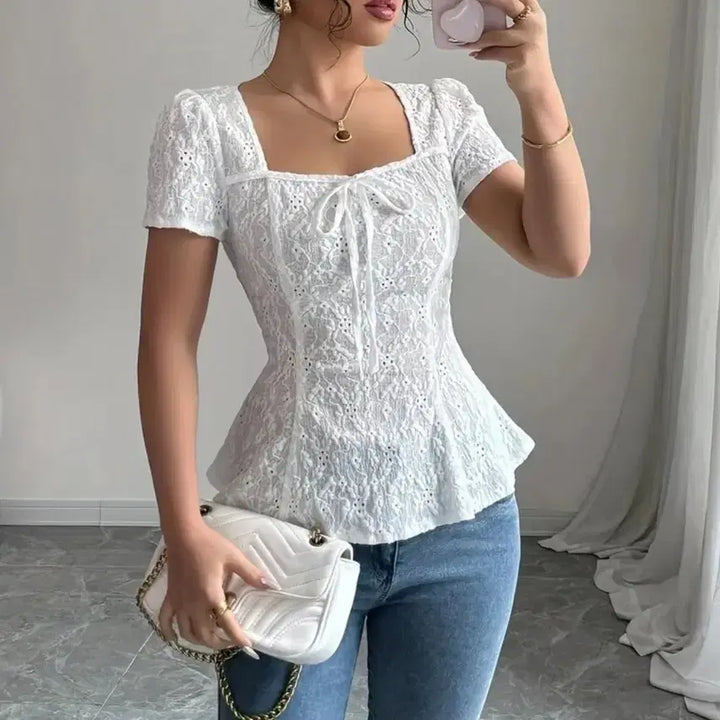 [BUNJANG] Punch Lace Square Neck White Blouse / 펀칭 레이스 화이트 블라우스