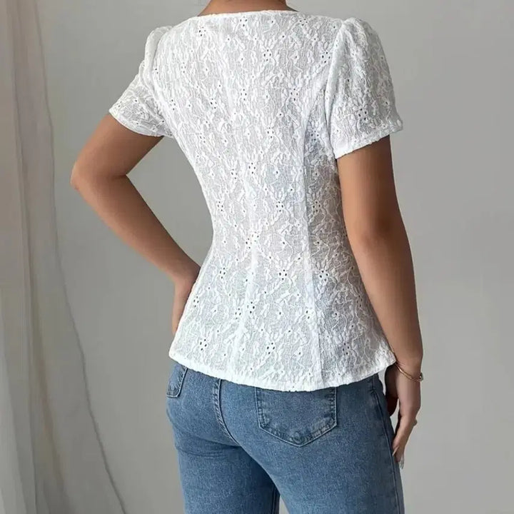 [BUNJANG] Punch Lace Square Neck White Blouse / 펀칭 레이스 화이트 블라우스