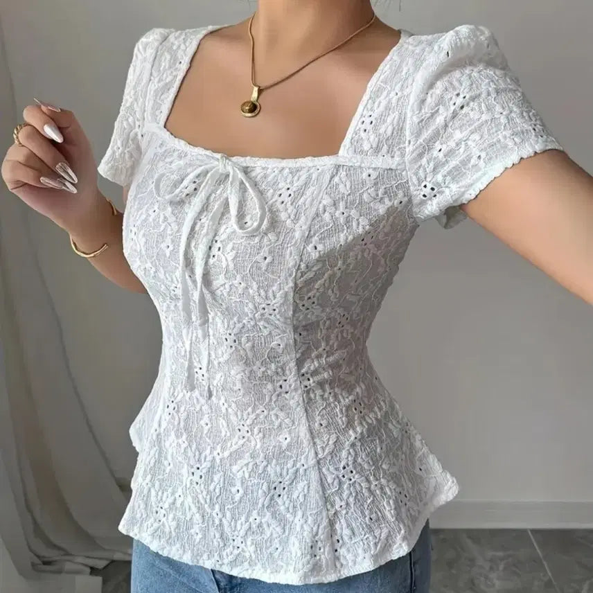 [BUNJANG] Punch Lace Square Neck White Blouse / 펀칭 레이스 화이트 블라우스