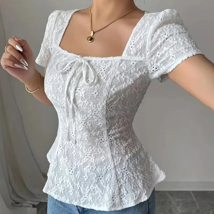[BUNJANG] Punch Lace Square Neck White Blouse / 펀칭 레이스 화이트 블라우스