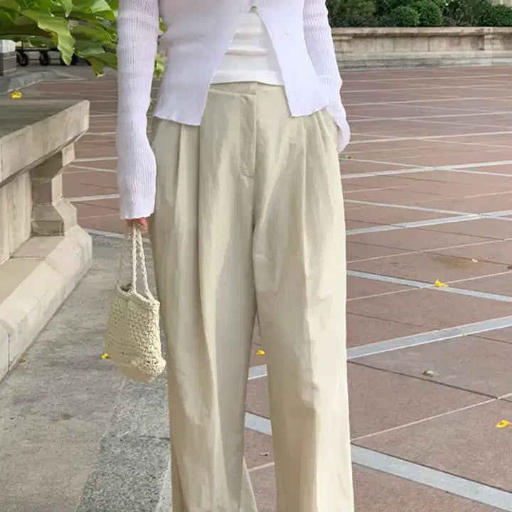 [BUNJANG] Marirround Summer Wide Pintuck Pants Beige S Short / 메리어라운드 썸머 와이드 핀턱 팬츠