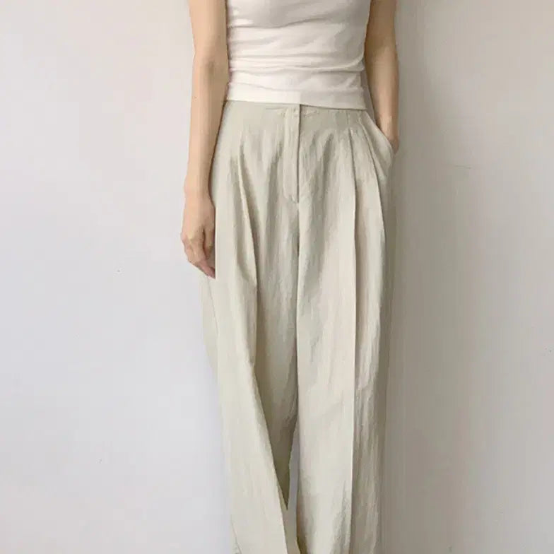 [BUNJANG] Marirround Summer Wide Pintuck Pants Beige S Short / 메리어라운드 썸머 와이드 핀턱 팬츠