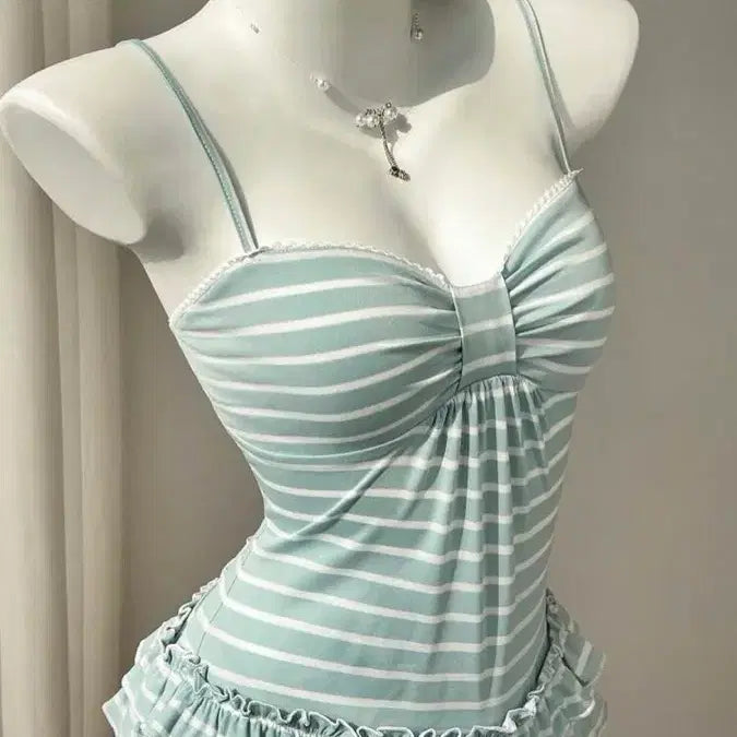 [BUNJANG] Striped Frill Shirring Camisole / 스트라이프 프릴 셔링 끈나시  도트 민트블루