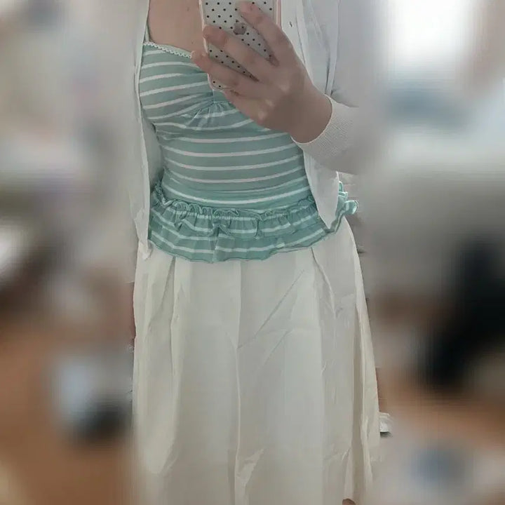 [BUNJANG] Striped Frill Shirring Camisole / 스트라이프 프릴 셔링 끈나시  도트 민트블루
