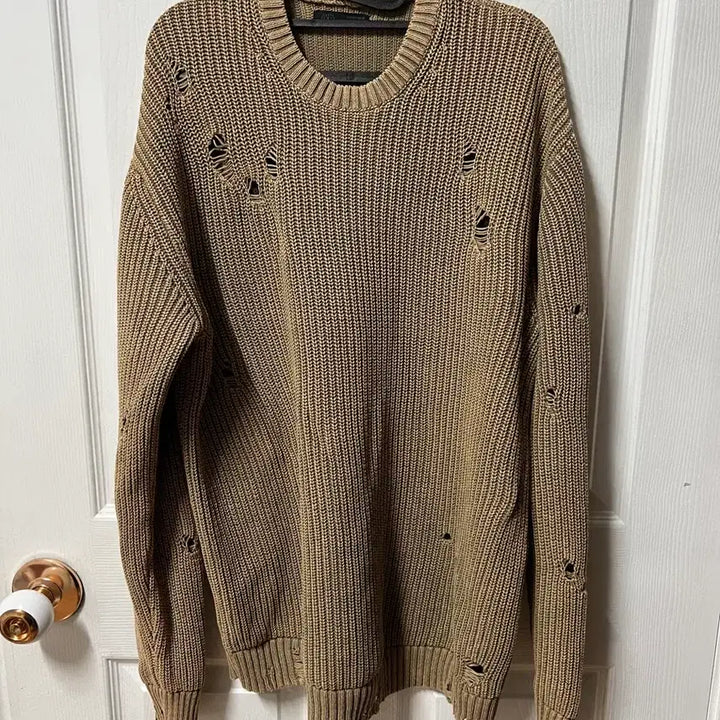 [BUNJANG] ZARA Distressed Ribbed Knit Sweater (Khaki) / 자라(ZARA) 데미지 립 니트 스웨터 (카키)