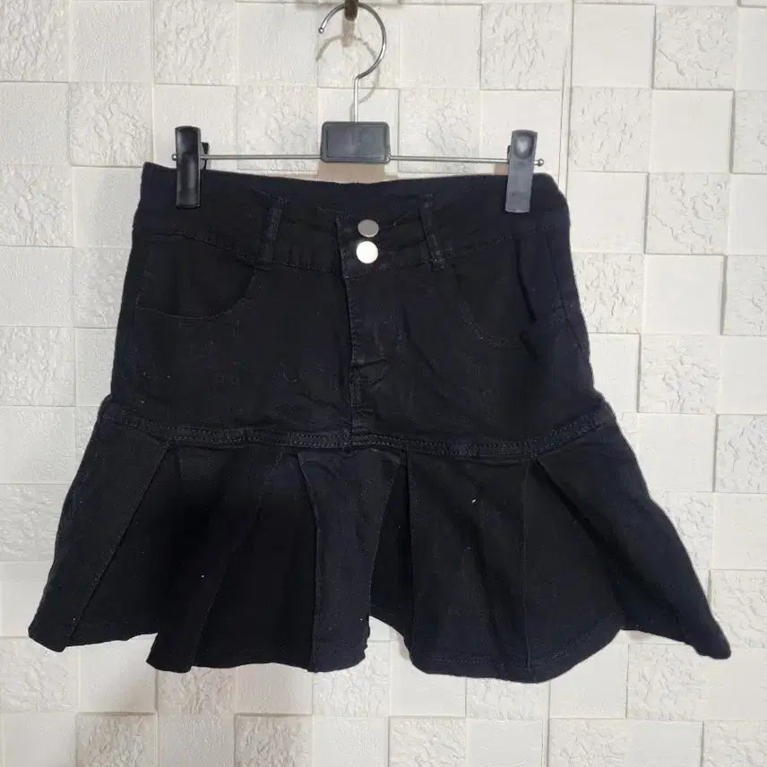 [BUNJANG] Black Denim Pleated Mini Skirt - M / 블랙 데님 플리츠 미니스커트 M 새제품