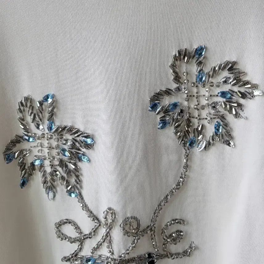 [BUNJANG] White Palm Tree Beaded Short Sleeve T-Shirt / 화이트 야자수 비즈 반팔티