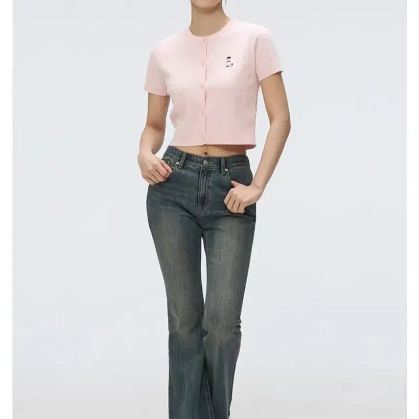 [BUNJANG] Spao Woody Cable Crop Summer Cardigan - Pink / 스파오 우디 케이블 크롭 여름 반팔 가디건 핑크 만원샵
