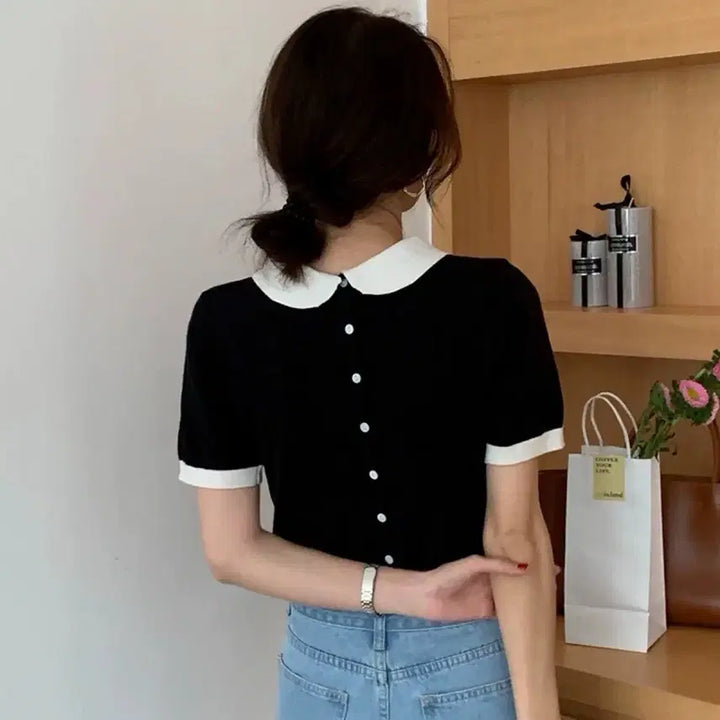 [BUNJANG] Short Sleeve Collar Knit with Black and White Color Blocking / 블랙 화이트 배색 반팔 카라 니트