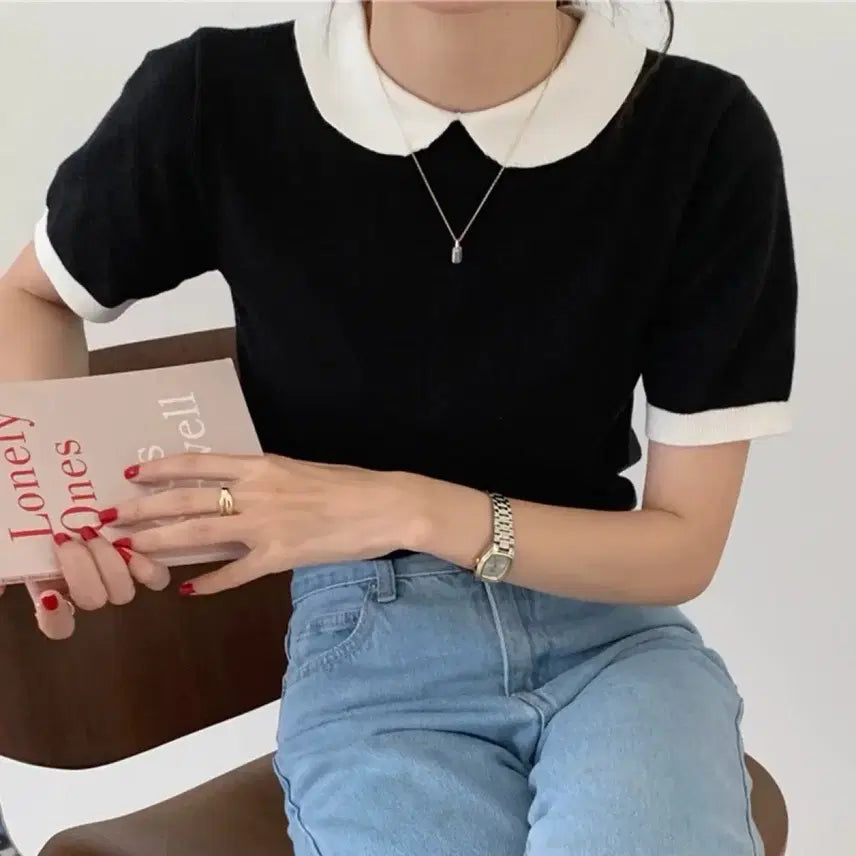[BUNJANG] Short Sleeve Collar Knit with Black and White Color Blocking / 블랙 화이트 배색 반팔 카라 니트