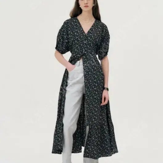 [BUNJANG] Marron Edition Black Flower Short-Sleeve Dress / 마론에디션 블랙 플라워 반팔 원피스
