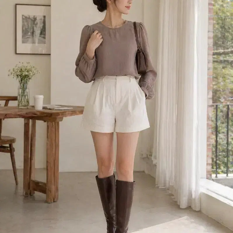 [BUNJANG] Beige Puff Sleeve Ribbon Blouse / 퍼프소매 리본 베이지 블라우스 FREE 판매합니다.