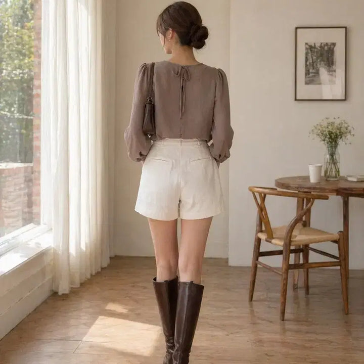 [BUNJANG] Beige Puff Sleeve Ribbon Blouse / 퍼프소매 리본 베이지 블라우스 FREE 판매합니다.