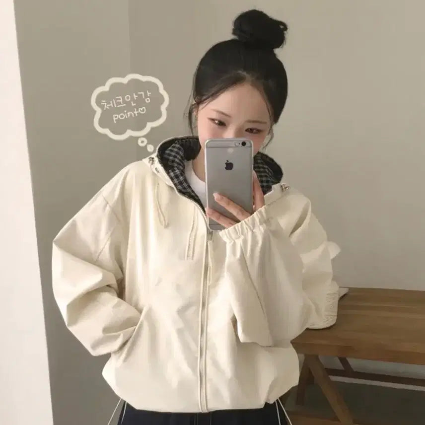 [BUNJANG] Check Lined Hooded Windbreaker / 에이블리 체크 안감 후드 바람막이