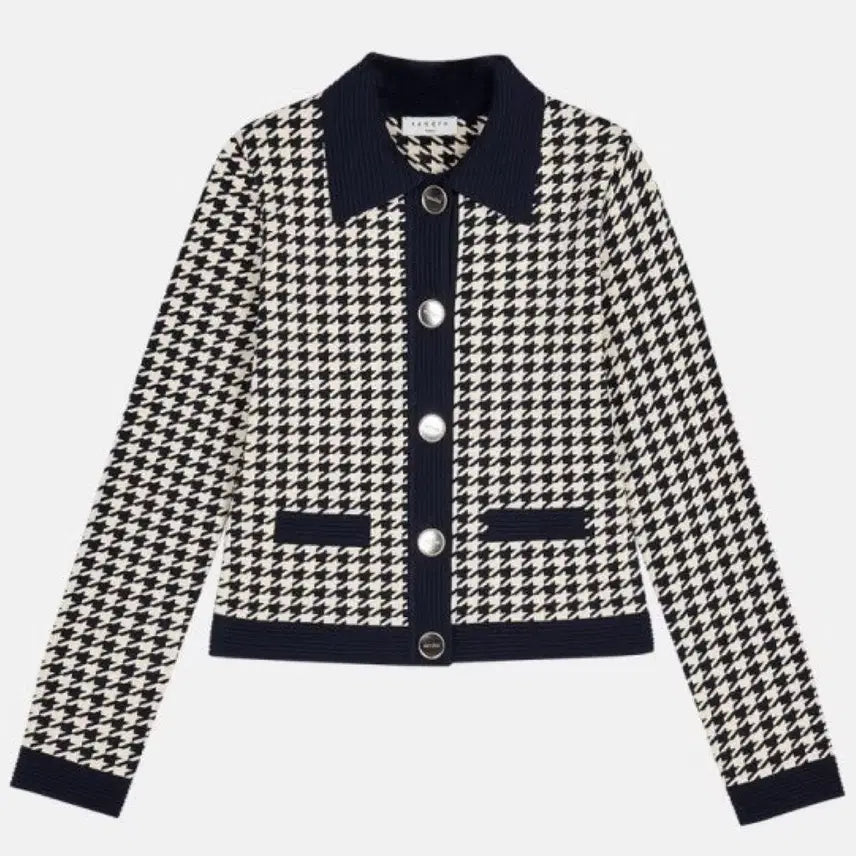 [BUNJANG] Sandro Houndstooth Check Color Block Cardigan / 산드로 하운드투스 체크 배색 가디건 80