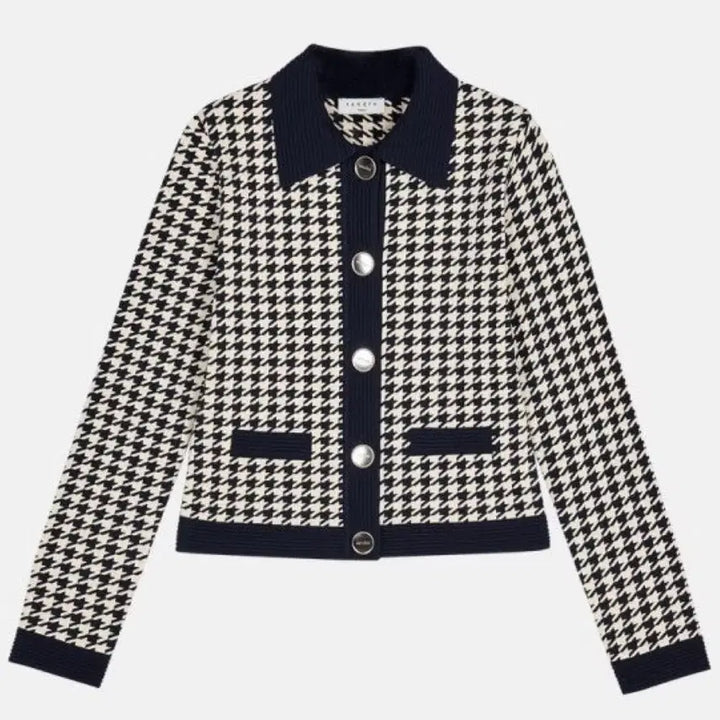 [BUNJANG] Sandro Houndstooth Check Color Block Cardigan / 산드로 하운드투스 체크 배색 가디건 80