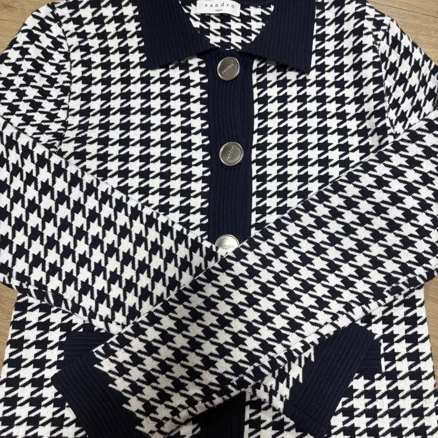 [BUNJANG] Sandro Houndstooth Check Color Block Cardigan / 산드로 하운드투스 체크 배색 가디건 80