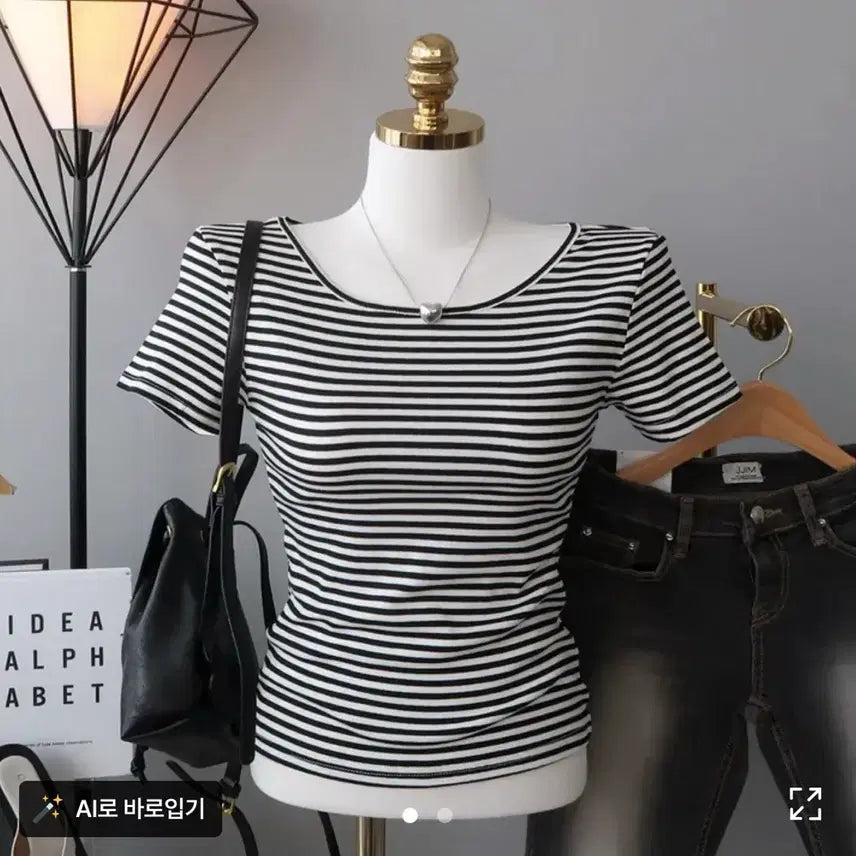 [BUNJANG] Stripe Short Sleeve T-Shirt Black and White / 에이블리 단가라 여성 반팔티셔츠 검정흰색