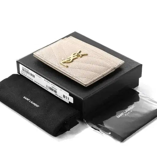 [BUNJANG] Saint Laurent Beige Caviar Card Holder Gold Logo / 생로랑 카드지갑 베이지 캐비어 금장 로고