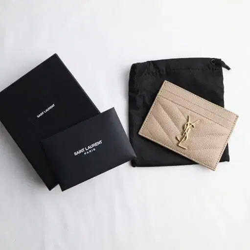 [BUNJANG] Saint Laurent Beige Caviar Card Holder Gold Logo / 생로랑 카드지갑 베이지 캐비어 금장 로고