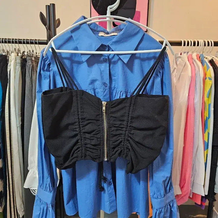 [BUNJANG] Blue Shirt + Black Bustier Set / 블루 셔츠 + 블랙 뷔스티에 세트