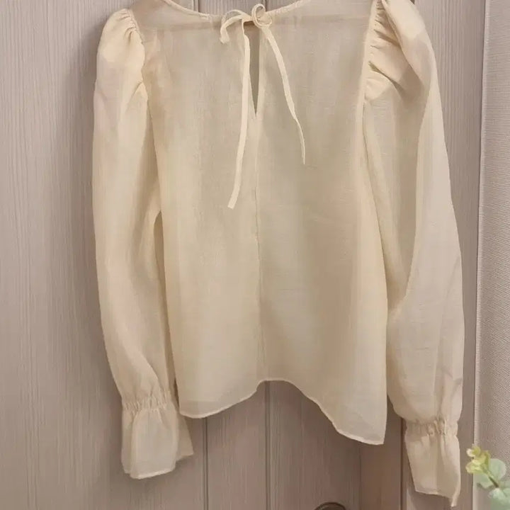[BUNJANG] Beige See-Through Blouse with Frill Sleeves / 시스루 블라우스