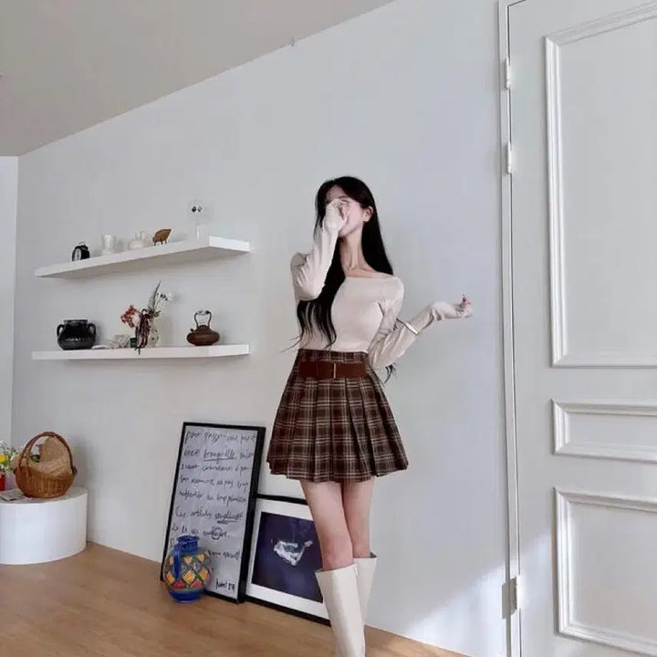 [BUNJANG] Mayoon Check Belt Pleated Skirt (Brown) / 메이윤 체크 벨트 플리츠 스커트 (브라운)