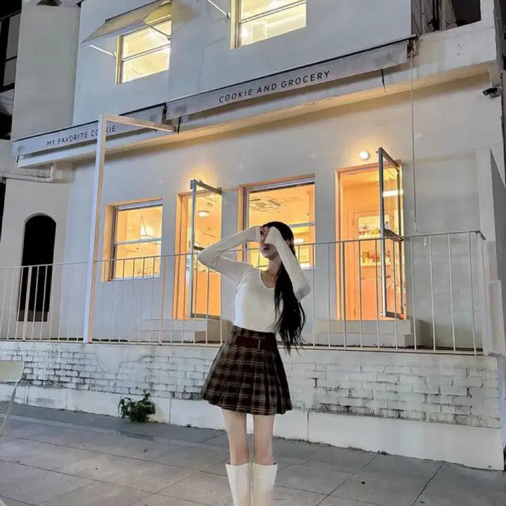 [BUNJANG] Mayoon Check Belt Pleated Skirt (Brown) / 메이윤 체크 벨트 플리츠 스커트 (브라운)