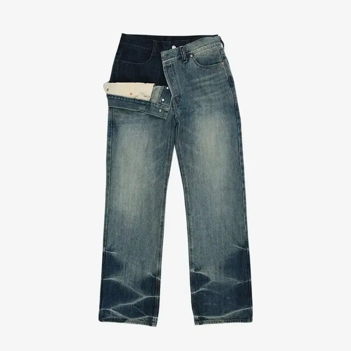 [BUNJANG] Unisex Asymmetric Layered Wide-Leg Jeans / UNISEX ASYMMETRIC LAYERED WIDE-LEG JEANS