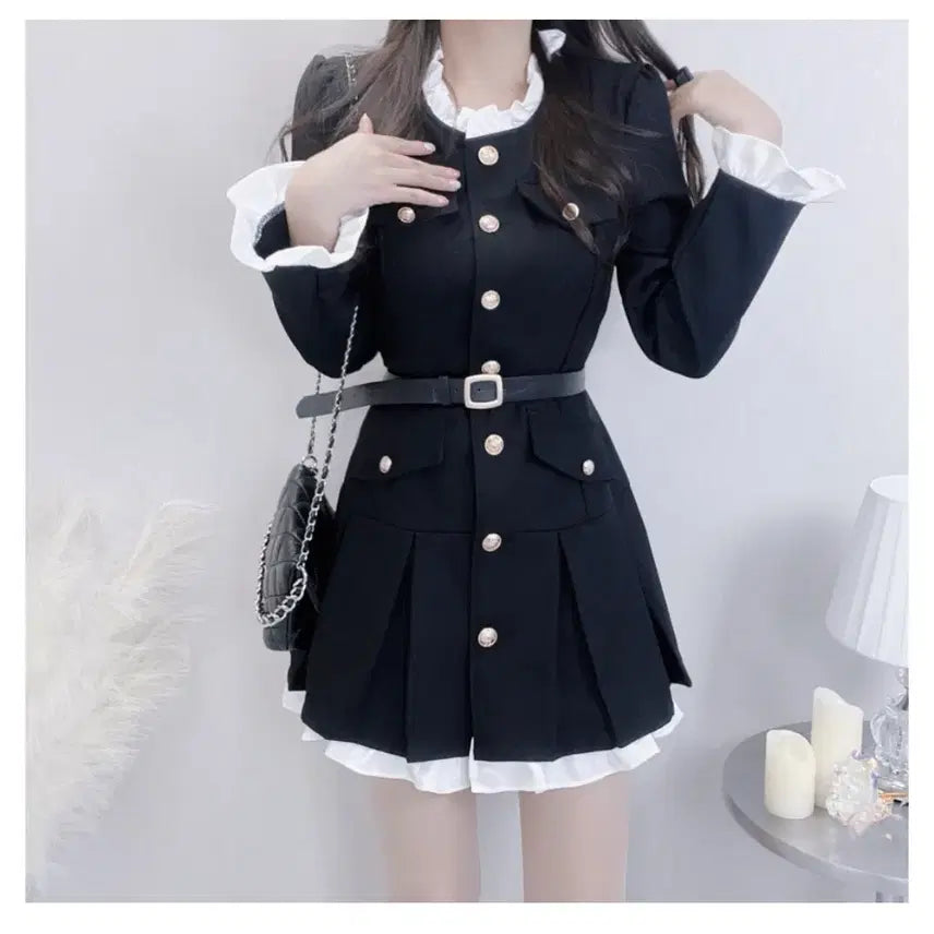 [BUNJANG] Black Ruffle Dress with Gold Button Accents / 금장 자켓 러플 원피스 m사이즈