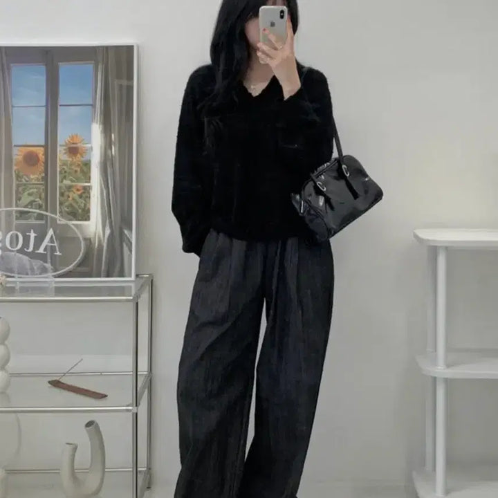 [BUNJANG] Pintuck Wide Banding Denim Pants - Black / 핀턱 와이드 데님 밴딩팬츠 흑청 여성바지 여자청바지 핀턱팬츠