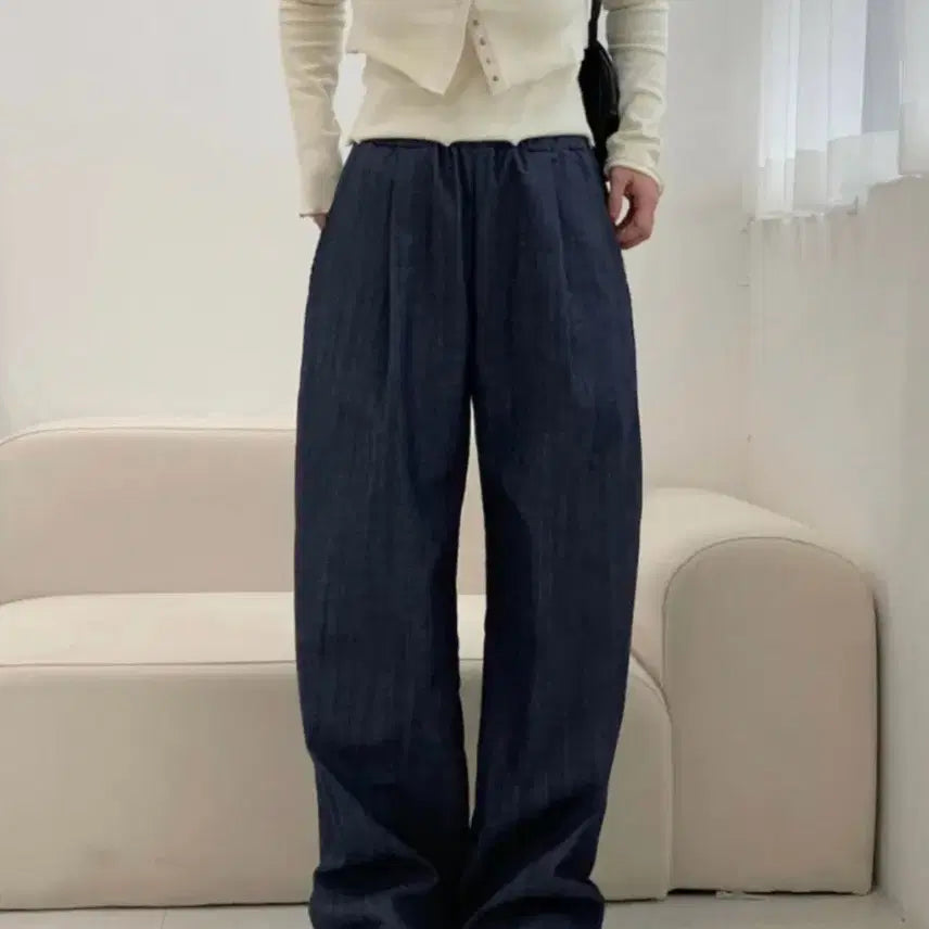 [BUNJANG] Pintuck Wide Banding Denim Pants - Black / 핀턱 와이드 데님 밴딩팬츠 흑청 여성바지 여자청바지 핀턱팬츠