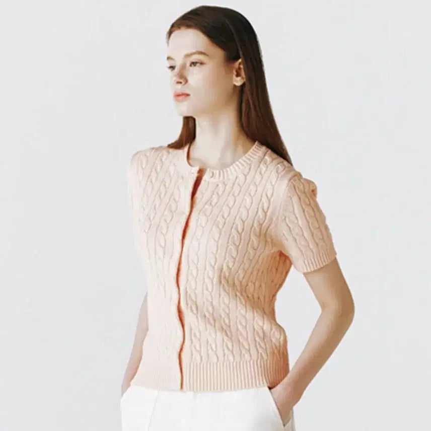 [BUNJANG] Giordano Cable Knit Short Sleeve Cardigan Peach S / 새상품) 지오다노 케이블 반팔 가디건 피치 S / 출근룩 직장인