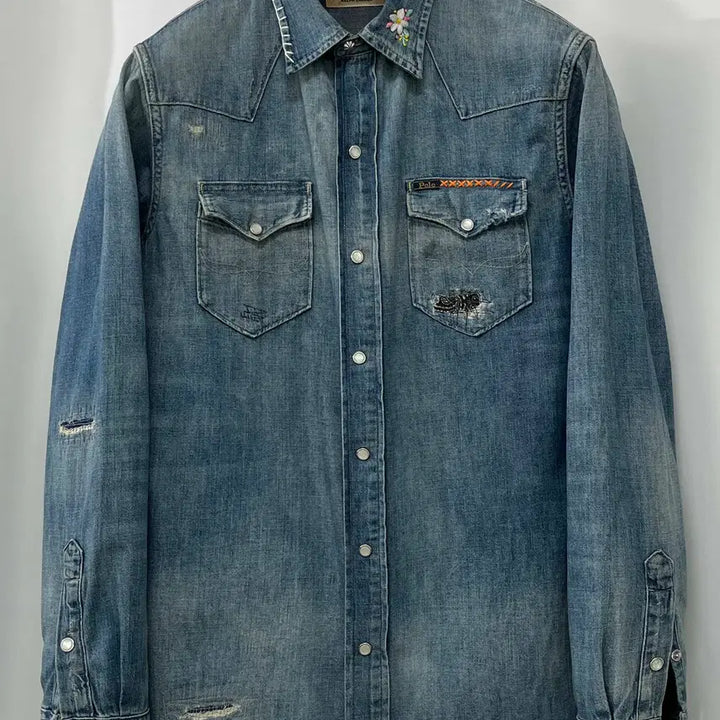 [BUNJANG] Polo Ralph Lauren Concho Embroidered Denim Shirt / 폴로 랄프로렌 콘초 플로워 엠브로이더 리페어 사우스 웨스턴 데님 셔츠