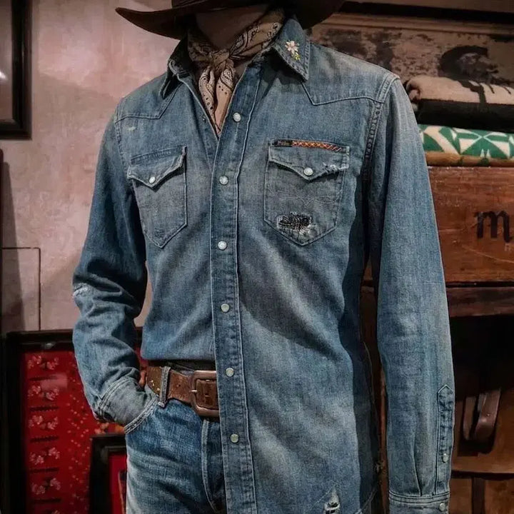 [BUNJANG] Polo Ralph Lauren Concho Embroidered Denim Shirt / 폴로 랄프로렌 콘초 플로워 엠브로이더 리페어 사우스 웨스턴 데님 셔츠