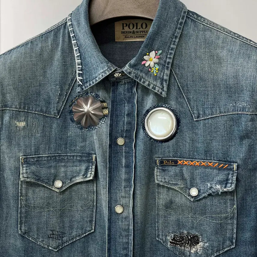 [BUNJANG] Polo Ralph Lauren Concho Embroidered Denim Shirt / 폴로 랄프로렌 콘초 플로워 엠브로이더 리페어 사우스 웨스턴 데님 셔츠