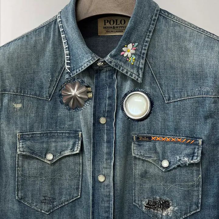 [BUNJANG] Polo Ralph Lauren Concho Embroidered Denim Shirt / 폴로 랄프로렌 콘초 플로워 엠브로이더 리페어 사우스 웨스턴 데님 셔츠