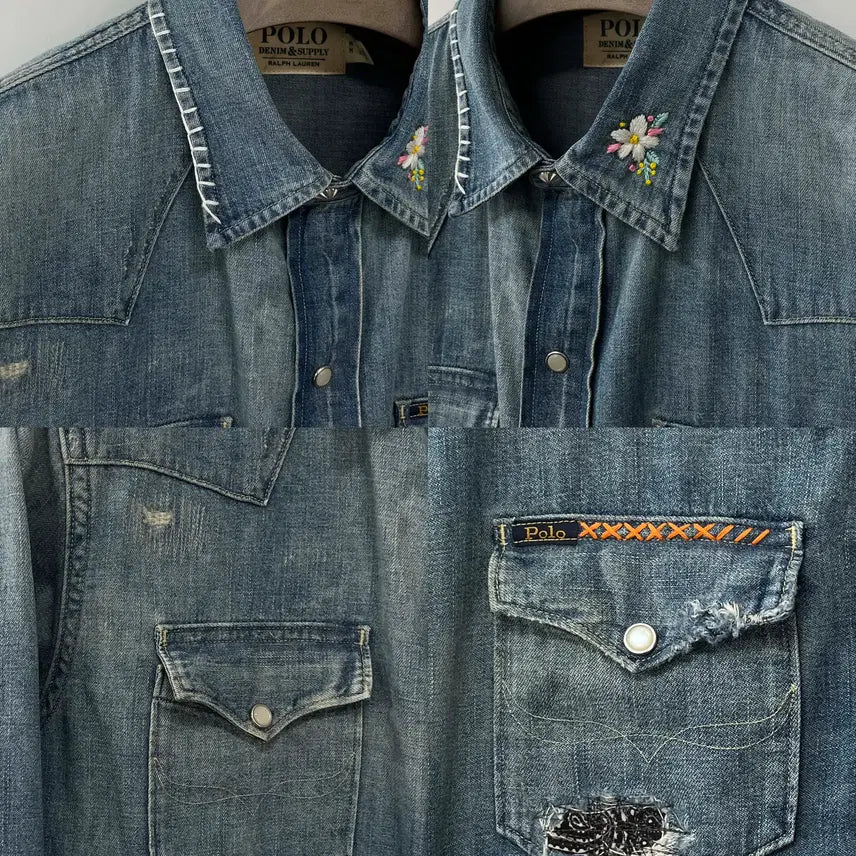 [BUNJANG] Polo Ralph Lauren Concho Embroidered Denim Shirt / 폴로 랄프로렌 콘초 플로워 엠브로이더 리페어 사우스 웨스턴 데님 셔츠