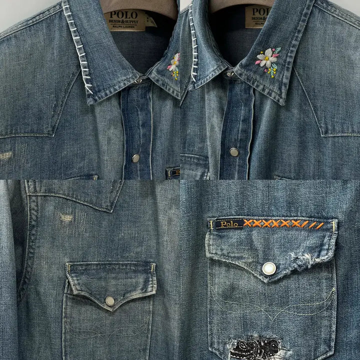 [BUNJANG] Polo Ralph Lauren Concho Embroidered Denim Shirt / 폴로 랄프로렌 콘초 플로워 엠브로이더 리페어 사우스 웨스턴 데님 셔츠