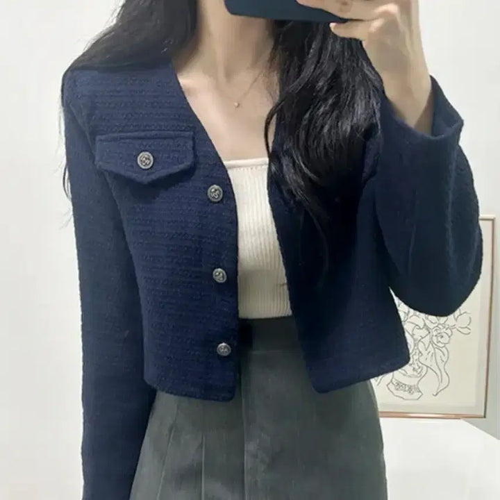 [BUNJANG] Navy Tweed Crop Jacket / 네이비 크롭 트위드 자켓 하객룩