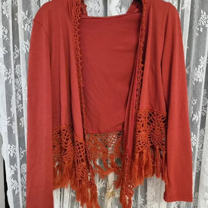 [BUNJANG] Orange Hooded Long Cardigan with Lace Trim / 오렌지색 후드 롱 가디건 레이스 덧댐